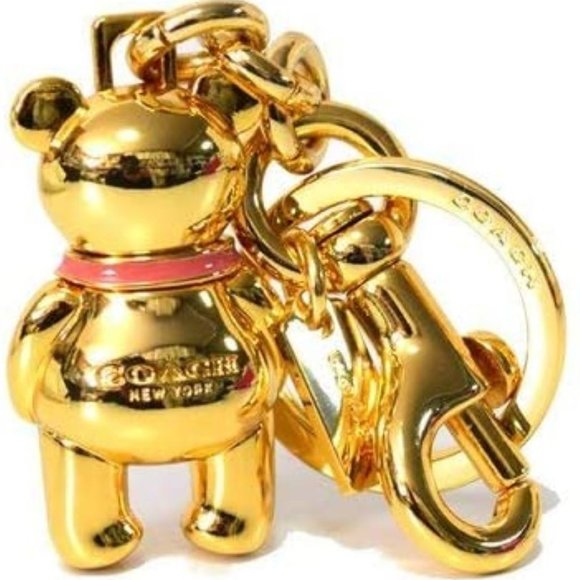 NWT Coach Key chain  Bag Purse Charm Fob Bear Gold 3D Heavy Pink Rhinestone Star - Picture 2 of 4